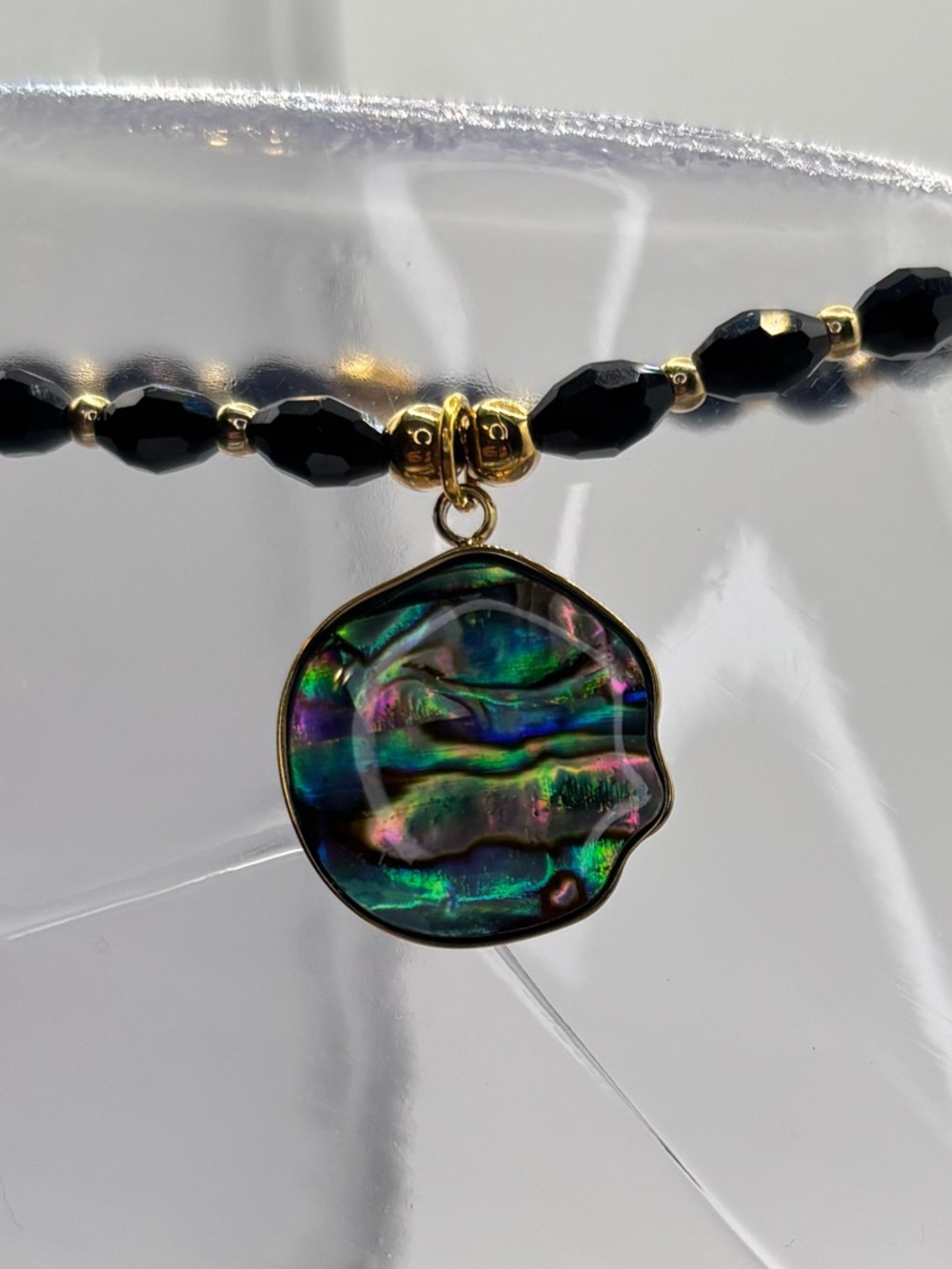 *ANKLET* S. Steel Gold Abalone with Black Crystal Stretchy Anklet - Picture 4 of 8